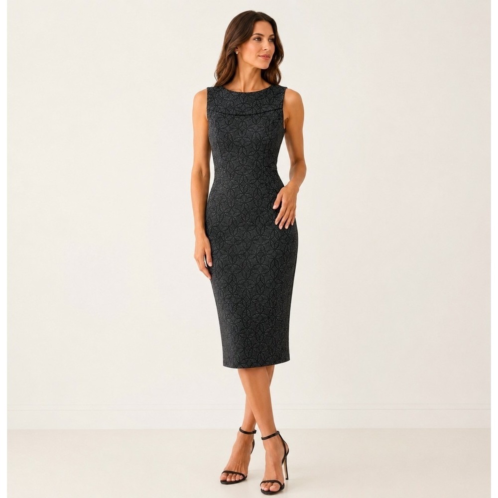 Kay Unger Dress Size 10 Black Sleeveless Sheath Midi Lined Textured Jacquard